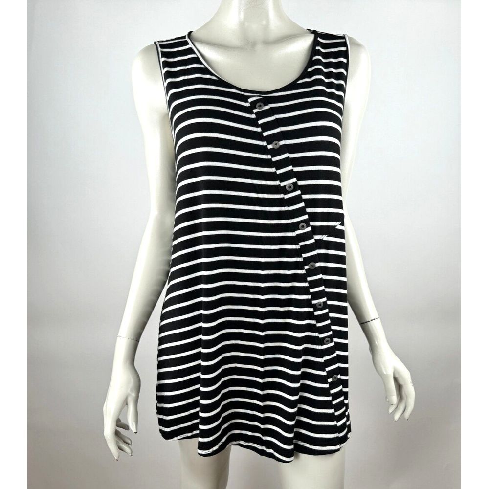 Comfy USA Striped Tunic‎ Tank Top Women L Round Neck Stretch Sleeveless Black